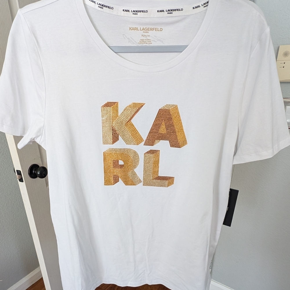 Karl Lagerfeld Gold 3D Sparkle Logo Shirt Size Medium Nwt ❤️
